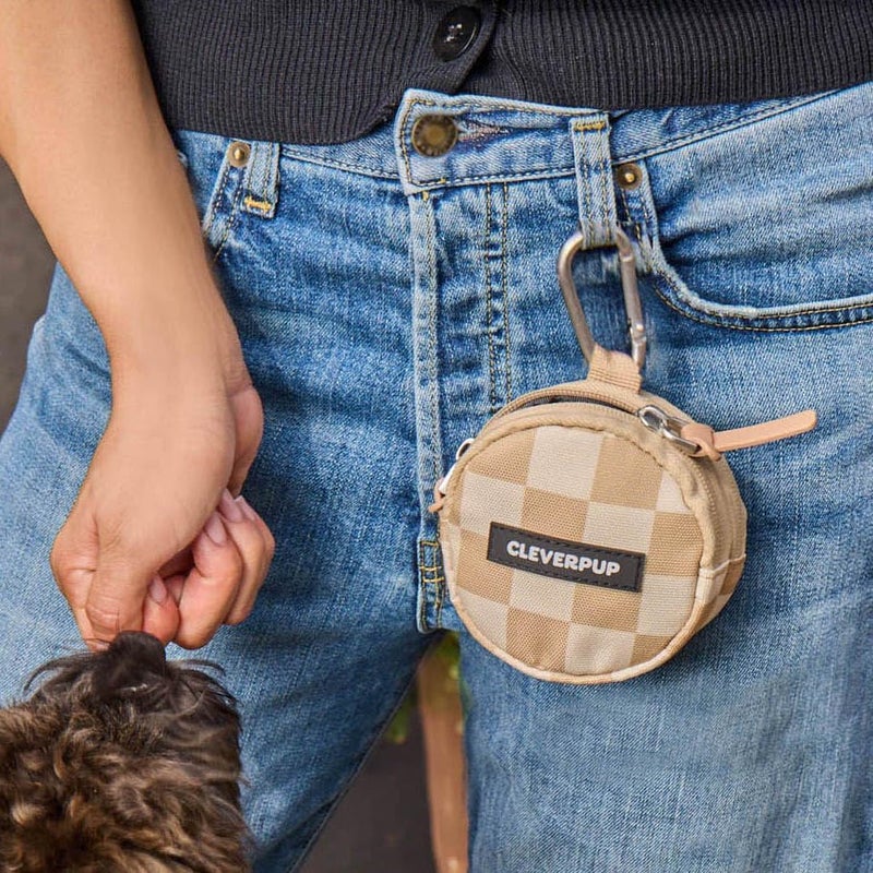 Cleverpup Snackpack Double Insulated Dog Treat Pouch - Holds 1.5 Cups - Dog Training and Walks Snack Bag, Two Pockets for Dry or Wet Treats, Attaches to Leash, Belt, or Bag - Checkerboard - Image 4
